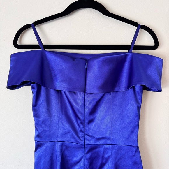 Eliza J Blue Satin Off-the-Shoulder Cocktail Dress Sz 2 | Knee Length Evening - Picture 6 of 16